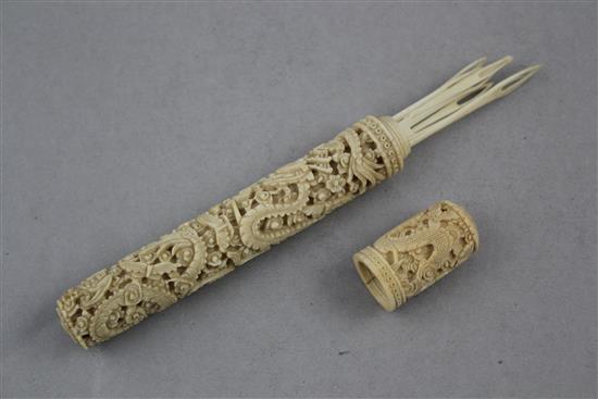 A group of Chinese export ivory items, 19th century, fan 17.5cm.